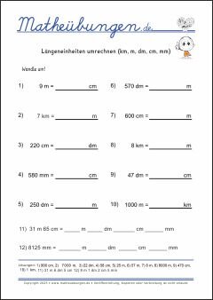 Längeneinheiten umrechnen (km, m, dm, cm, mm) Größen und Maßeinheiten - Mathematik Übungen / Mathe Aufgaben mit Lösungen