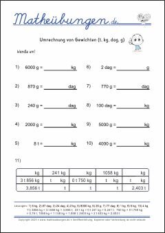 Umrechnung von Gewichten (t, kg, dag, g) Größen und Maßeinheiten - Mathematik Übungen / Mathe Aufgaben mit Lösungen