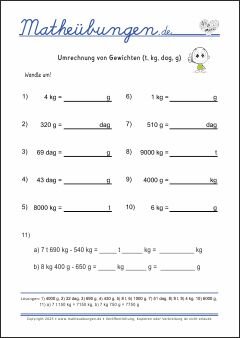 Umrechnung von Gewichten (t, kg, dag, g) Größen und Maßeinheiten - Mathematik Übungen / Mathe Aufgaben mit Lösungen