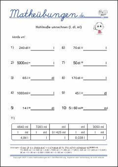 Hohlmaße umrechnen (l, dl, ml) Größen und Maßeinheiten - Mathematik Übungen / Mathe Aufgaben mit Lösungen