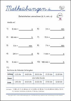 Zeiteinheiten umrechnen (d, h, min, s) Größen und Maßeinheiten - Mathematik Übungen / Mathe Aufgaben mit Lösungen