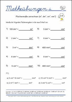 Flächenmaße umrechnen (m2, dm2, cm2, mm2) Größen und Maßeinheiten - Mathematik Übungen / Mathe Aufgaben mit Lösungen