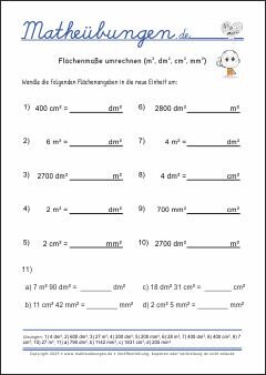 Flächenmaße umrechnen (m2, dm2, cm2, mm2) Größen und Maßeinheiten - Mathematik Übungen / Mathe Aufgaben mit Lösungen