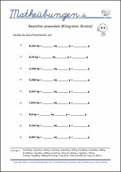 Gewichte umwandeln - Kilogramm, Gramm Größen und Maßeinheiten - Mathematik Übungen / Mathe Aufgaben mit Lösungen
