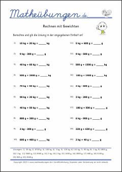 Rechnen mit Gewichten Größen und Maßeinheiten - Mathematik Übungen / Mathe Aufgaben mit Lösungen