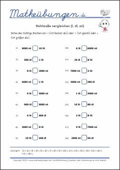Hohlmaße vergleichen Größen und Maßeinheiten - Mathematik Übungen / Mathe Aufgaben mit Lösungen