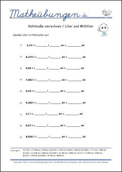 Hohlmaße umrechnen / Liter und Milliliter Größen und Maßeinheiten - Mathematik Übungen / Mathe Aufgaben mit Lösungen