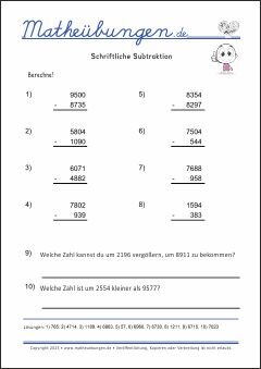 Schriftliche Subtraktion - Mathe Übungen mit Lösungen Grundschule 4. Klasse