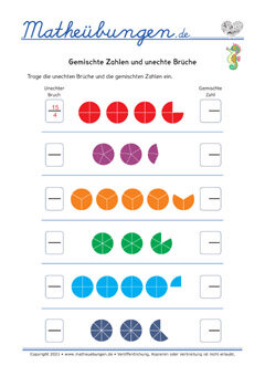 Arbeitsblätter - Gemischte Zahlen und unechte Brüche
