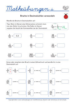 Mathe Übungen & Arbeitsblätter - Brüche in Dezimalzahlen verwandeln