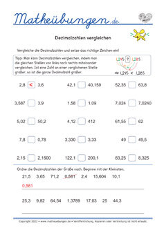 Dezimalzahlen vergleichen - Arbeitsblätter
