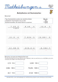 Multiplikation mit Dezimalzahlen - Arbeitsblätter mit Lösungen