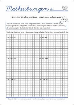 Einfache Gleichungen lösen - Rückwärts rechnen - Arbeitsblätter mit Lösungen