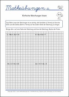 Einfache Gleichungen lösen - Arbeitsblätter mit Lösungen