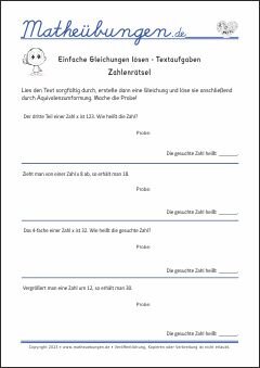 Textaufgaben - Einfache Gleichungen lösen - Arbeitsblätter mit Lösungen