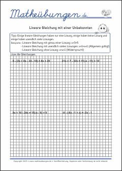 Lineare Gleichungen mit einer Unbekannten - Mathe Arbeitsblätter mit Lösungen Klasse 7/8