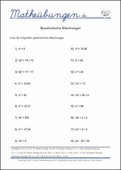 Quadratische Gleichungen - Mathe-Übungen mit Lösungen