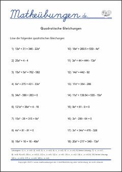 Quadratische Gleichungen - Mathe-Übungen mit Lösungen