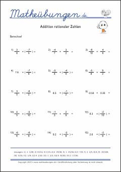 Addition rationaler Zahlen - Mathe-Aufgaben mit Lösungen