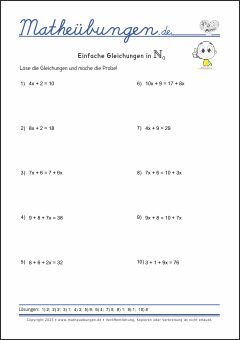 Einfache Gleichungen lösen - Arbeitsblätter mit Lösungen