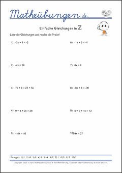 Einfache Gleichungen lösen - Arbeitsblätter mit Lösungen