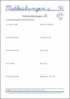 Einfache Gleichungen lösen - Arbeitsblätter mit Lösungen