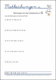 Gleichungen mit einer Unbekannten - Arbeitsblätter mit Lösungen