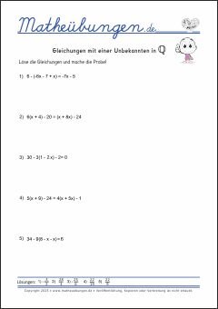 Gleichungen mit einer Unbekannten - Arbeitsblätter mit Lösungen