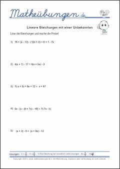 Mathe Übungen - Lineare Gleichungen mit einer Unbekannten mit Lösungen, Mathe 7. Klasse, 8. Klasse