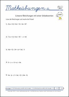 Mathe Übungen - Lineare Gleichungen mit einer Unbekannten mit Lösungen, Mathe 7. Klasse, 8. Klasse