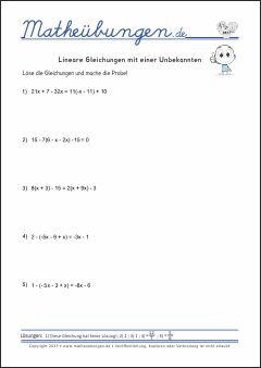 Mathe Übungen - Lineare Gleichungen mit einer Unbekannten mit Lösungen, Mathe 7. Klasse, 8. Klasse